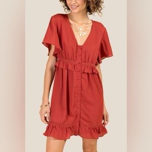 NWT Zaria Button Front Ruffle Dress - Cinnamon XS Francesca’s Collection